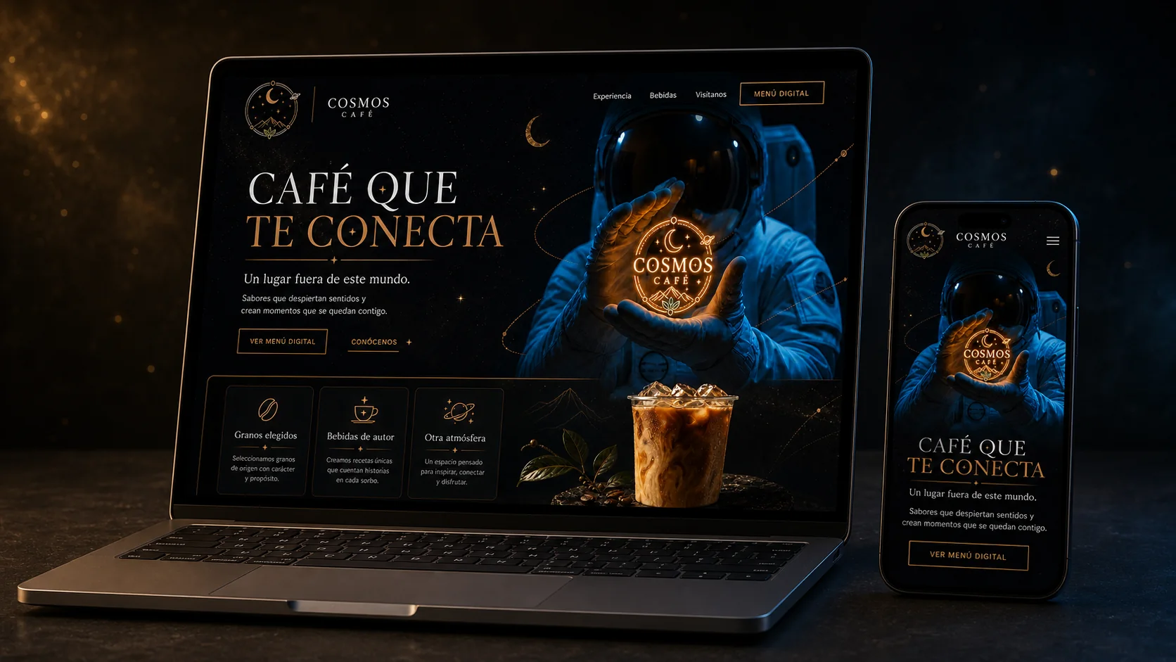 Experiencia digital de Cosmos Café en computadora y teléfono